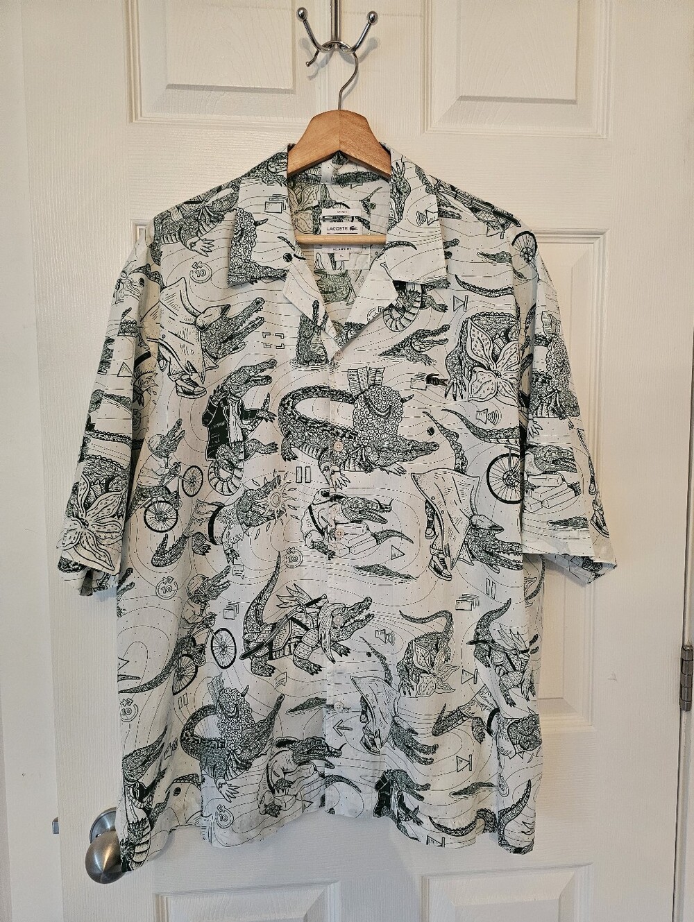 Lacoste White Short-Sleeve Button-Down Shirt with Green Allover Print